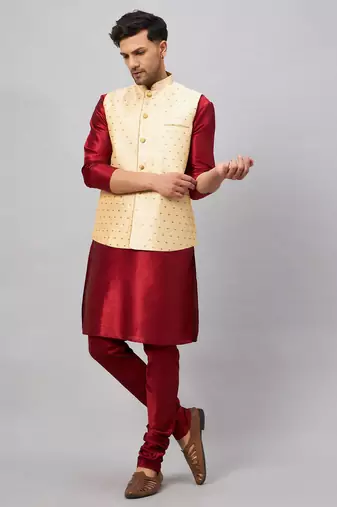 Maroon And Gold Silk Blend Jacket, Kurta And Pyjama Set