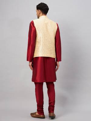 Maroon And Gold Silk Blend Jacket, Kurta And Pyjama Set 3