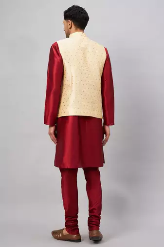 Maroon And Gold Silk Blend Jacket, Kurta And Pyjama Set