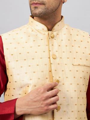 Maroon And Gold Silk Blend Jacket, Kurta And Pyjama Set 4