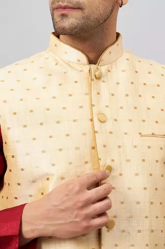 Maroon And Gold Silk Blend Jacket, Kurta And Pyjama Set