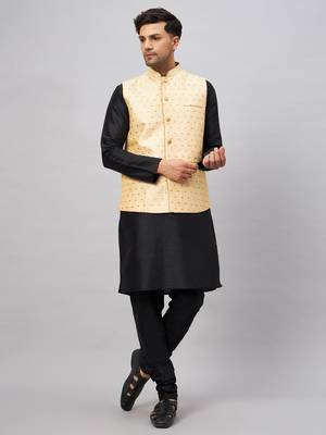 Black And Gold Silk Blend Jacket, Kurta And Pyjama Set 1