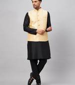 Men'S Black And Gold Silk Blend Jacket, Kurta And Pyjama Set