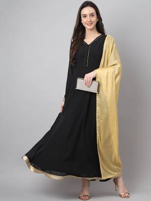 Janasya women's black georgette solid kurta with dupatta 1