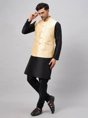 Black And Gold Silk Blend Jacket, Kurta And Pyjama Set 2
