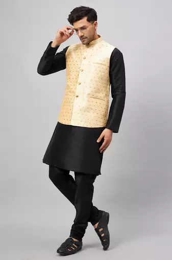 Black And Gold Silk Blend Jacket, Kurta And Pyjama Set
