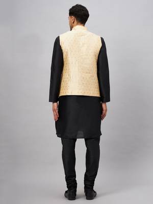 Black And Gold Silk Blend Jacket, Kurta And Pyjama Set 3