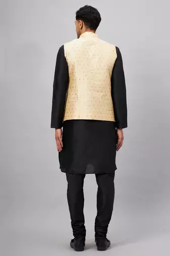 Black And Gold Silk Blend Jacket, Kurta And Pyjama Set