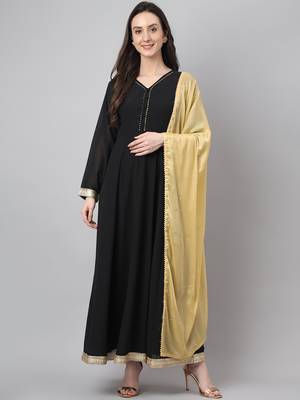 Janasya women's black georgette solid kurta with dupatta 2