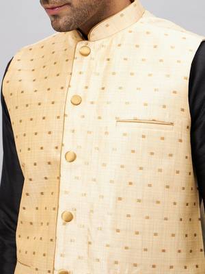 Black And Gold Silk Blend Jacket, Kurta And Pyjama Set 4