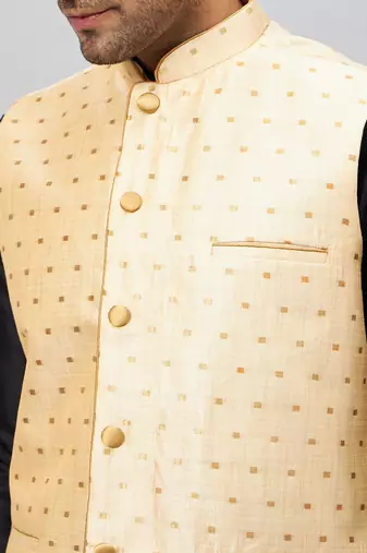 Black And Gold Silk Blend Jacket, Kurta And Pyjama Set