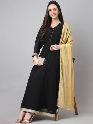 Janasya women's black georgette solid kurta with dupatta 3