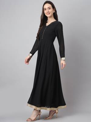 Janasya women's black georgette solid kurta with dupatta 4