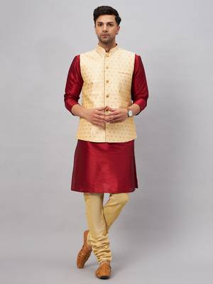 Maroon And Gold Silk Blend Jacket, Kurta And Pyjama Set 1