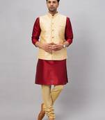 Maroon And Gold Silk Blend Jacket, Kurta And Pyjama Set