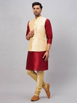 Maroon And Gold Silk Blend Jacket, Kurta And Pyjama Set 2