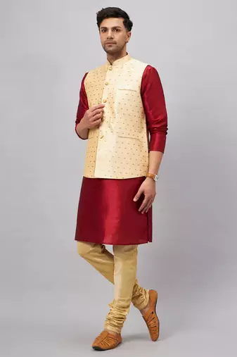 Maroon And Gold Silk Blend Jacket, Kurta And Pyjama Set