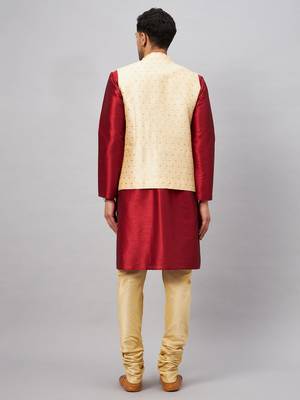 Maroon And Gold Silk Blend Jacket, Kurta And Pyjama Set 3