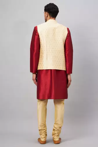 Maroon And Gold Silk Blend Jacket, Kurta And Pyjama Set