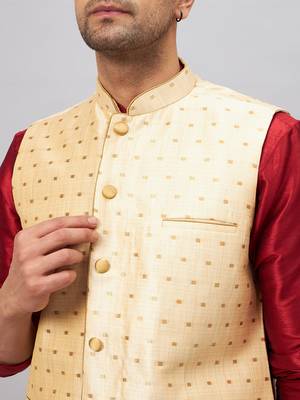 Maroon And Gold Silk Blend Jacket, Kurta And Pyjama Set 4