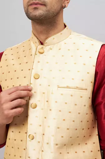 Maroon And Gold Silk Blend Jacket, Kurta And Pyjama Set
