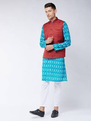 Turquoise And Maroon Cotton Blend Jacket, Kurta And Pyjama Set 1
