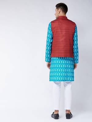 Turquoise And Maroon Cotton Blend Jacket, Kurta And Pyjama Set 3