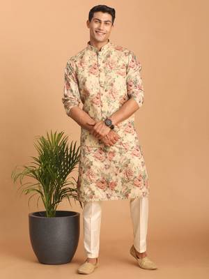 beige silk blend multicolor floral printed kurta pajama and jacket 1