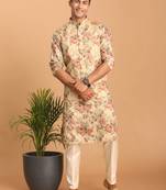 beige silk blend multicolor floral printed kurta pajama and jacket