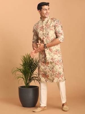 beige silk blend multicolor floral printed kurta pajama and jacket 2