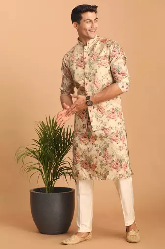 beige silk blend multicolor floral printed kurta pajama and jacket