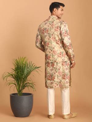 beige silk blend multicolor floral printed kurta pajama and jacket 3