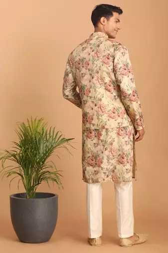 beige silk blend multicolor floral printed kurta pajama and jacket