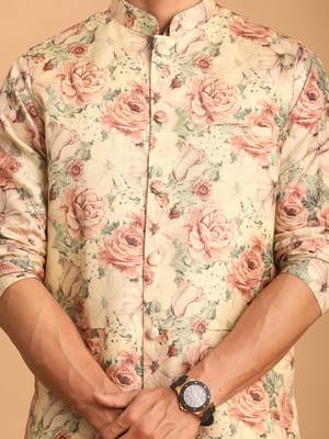 beige silk blend multicolor floral printed kurta pajama and jacket 4