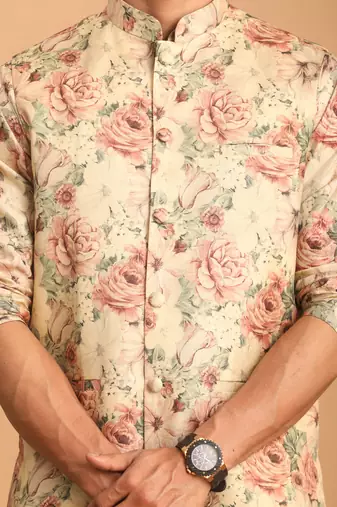 beige silk blend multicolor floral printed kurta pajama and jacket