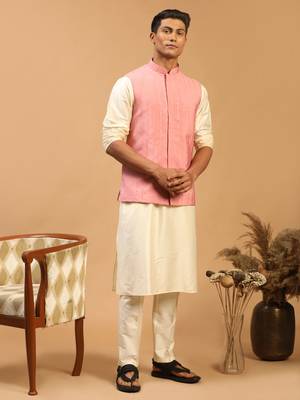  cream and pink viscose jacket, kurta and pyjama set 1