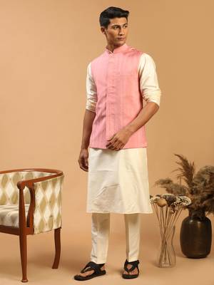  cream and pink viscose jacket, kurta and pyjama set 2