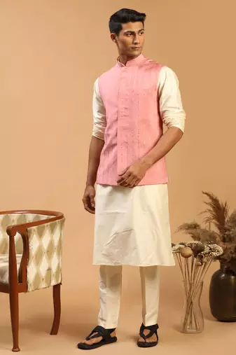  cream and pink viscose jacket, kurta and pyjama set