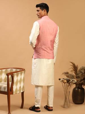 cream and pink viscose jacket, kurta and pyjama set 3