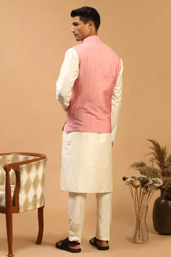  cream and pink viscose jacket, kurta and pyjama set