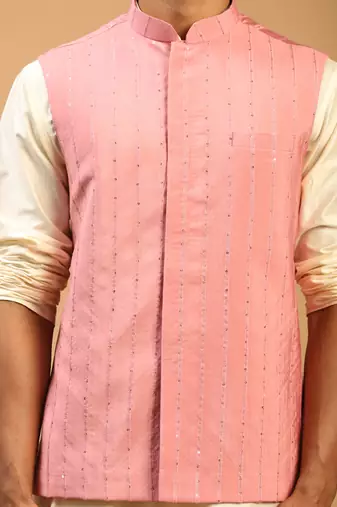  cream and pink viscose jacket, kurta and pyjama set