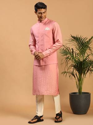 Men'S Pink And Cream Cotton Blend Jacket, Kurta And Pyjama Set 1