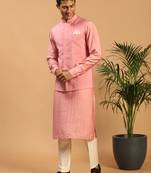 Men'S Pink And Cream Cotton Blend Jacket, Kurta And Pyjama Set