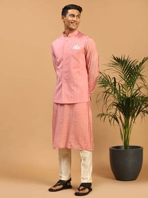 Men'S Pink And Cream Cotton Blend Jacket, Kurta And Pyjama Set 2