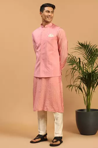 Men'S Pink And Cream Cotton Blend Jacket, Kurta And Pyjama Set