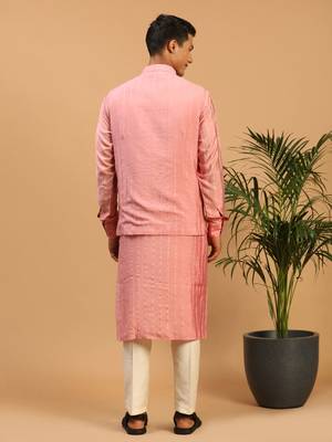 Men'S Pink And Cream Cotton Blend Jacket, Kurta And Pyjama Set 3