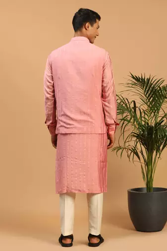 Men'S Pink And Cream Cotton Blend Jacket, Kurta And Pyjama Set