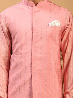 Men'S Pink And Cream Cotton Blend Jacket, Kurta And Pyjama Set 4