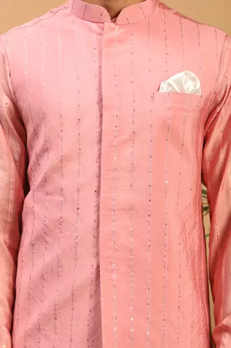 Men'S Pink And Cream Cotton Blend Jacket, Kurta And Pyjama Set