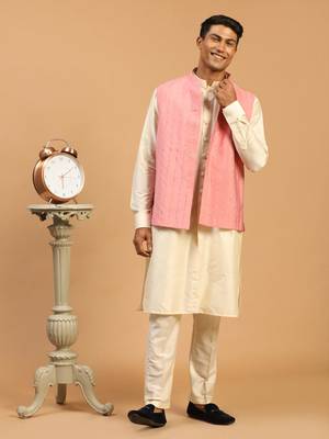 Men'S Pink And Cream Cotton Blend Jacket, Kurta And Pyjama Set 1